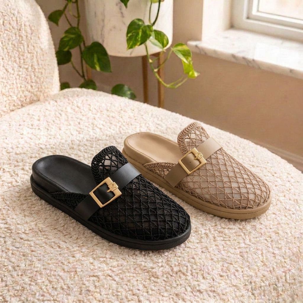 result_sofa_black_beige_mesh_mules صندل زنانه مدل تور و گیپور سگک دار - تصویر 1